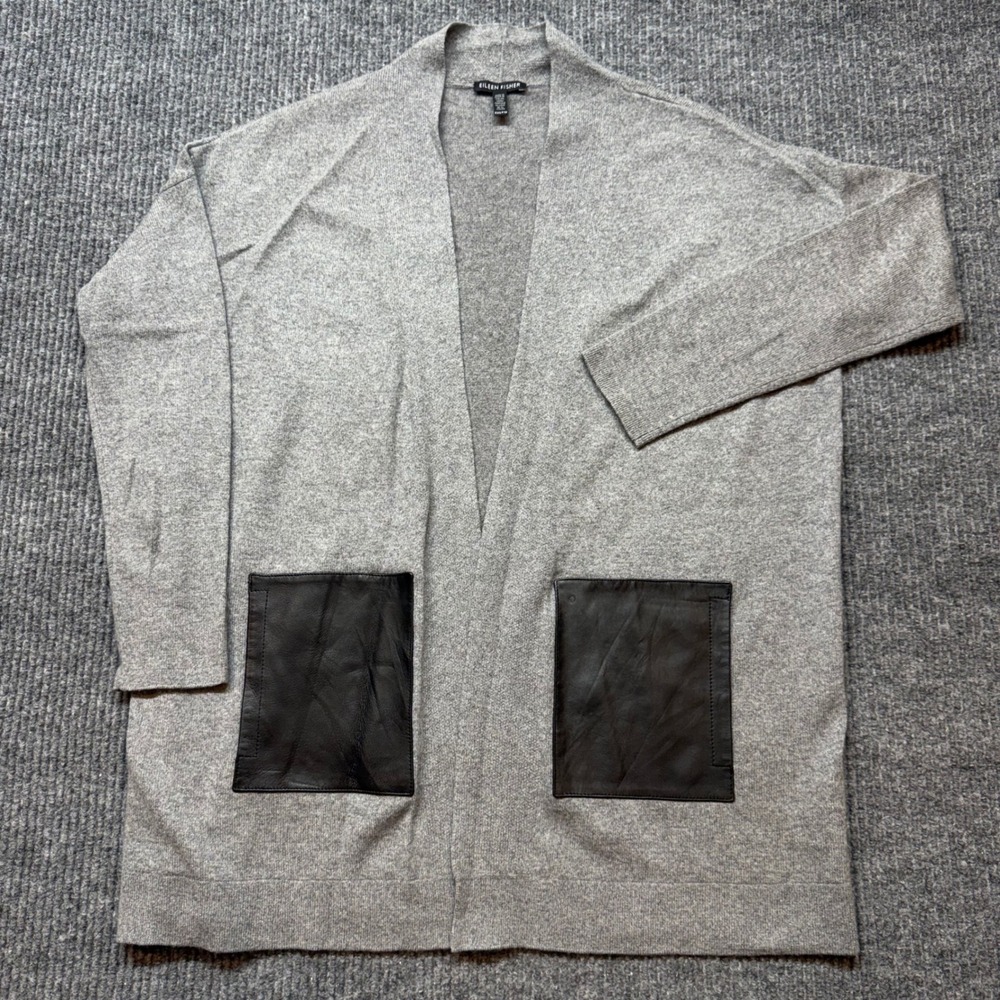 Eileen Fisher Womens XXS Gray Cashmere‎ Wool Blend Cardigan Leather Pockets